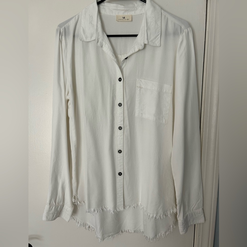 White Button-Up Shirt with Frayed Hem
